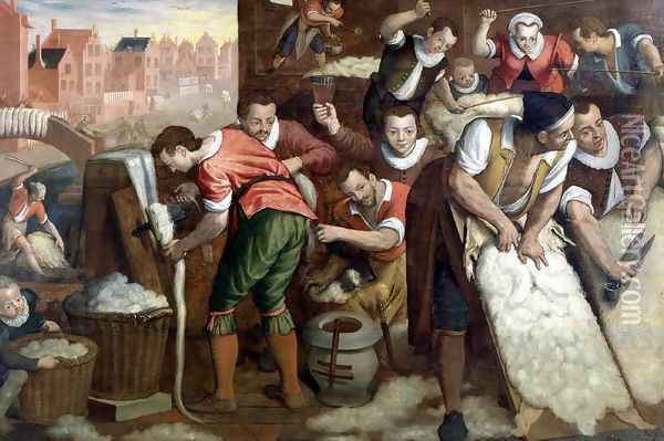 The Removal Of The Wool From The Skins And The Combing 1595 Oil Painting - Isaac Claesz. Van Swanenburg
