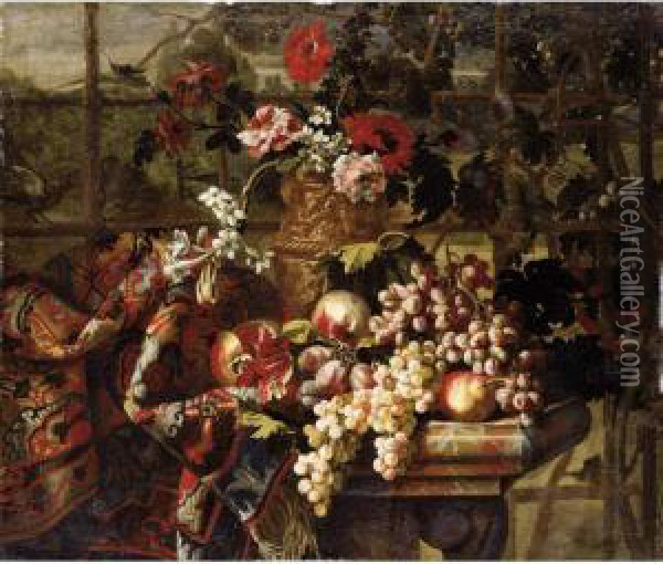 Still Life Of Various Flowers In
 A Bronze Urn, Together With Pomegranates, Grapes, Pears And Plums On A 
Marble Table Draped With A Carpet Oil Painting - Jean Baptiste Belin de Fontenay
