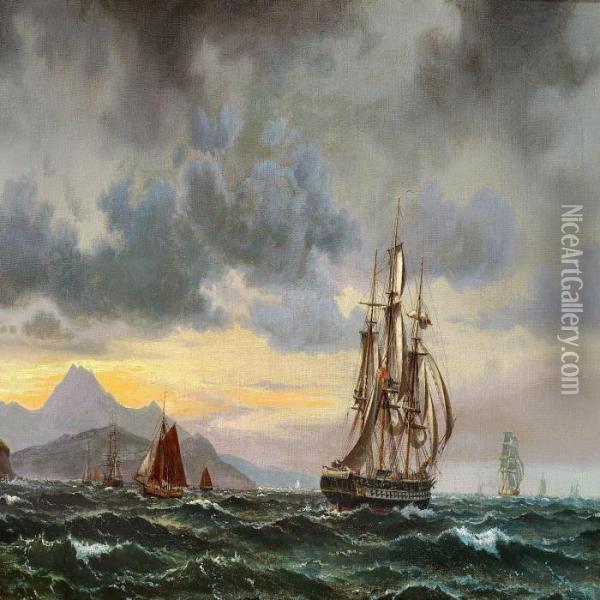 An English Three-masted Frigate Oil Painting - Vilhelm Melbye