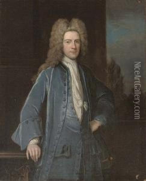 Portrait Of A Gentleman, 
Traditionally Identified As Samuel Chetham (1676-1745), Of Turton And 
Castleton, Lancashire, Three-quarter-length, In A Blue Velvet Coat And 
Waistcoat, His Right Hand Resting On A Plinth, A Landscape Through A 
Casement Bey Oil Painting - Richardson. Jonathan
