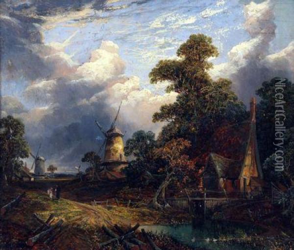 Landscape With Cottage And Windmills Oil Painting - Joseph Paul