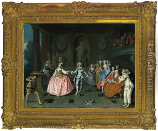 Le Bal Costume, Elegante Gesellschaft Mit Einem Tanzenden Paar Oil Painting - Antoine Pesne