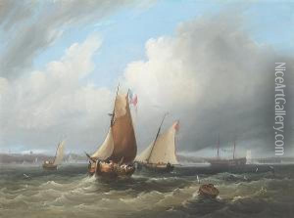 Fishing Boats In A Squall Off A Coast Oil Painting - Frederick Calvert