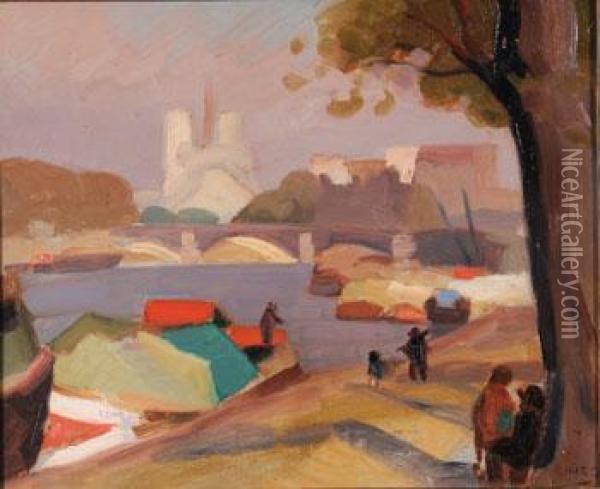 Les Quais De La Seine, Notre Dame Oil Painting - Jules Emile Zingg
