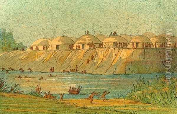 A village of the Hidatsa tribe at Knife River Oil Painting - George Catlin