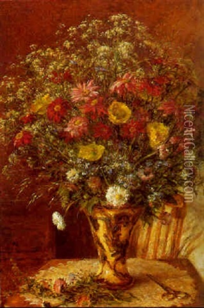 Opstilling, Vilde Blomster I Vase Pa Et Bord Oil Painting - Godfred Christensen