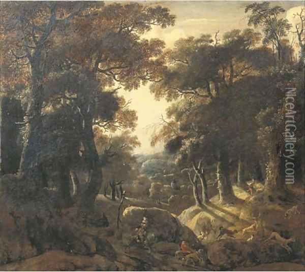 A wooded landscape at dawn with a stag hunt Oil Painting - Jan Looten
