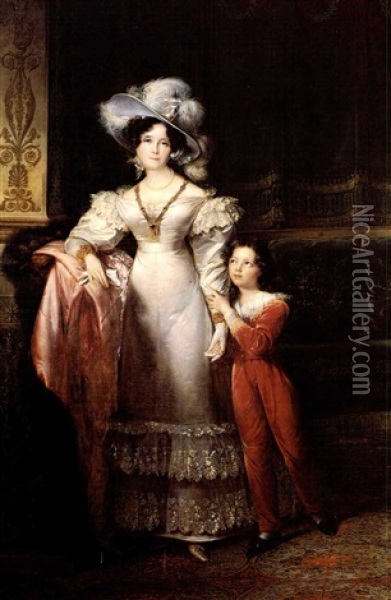 Portrait De La Duchesse De Mac-mahon De Plein Pied Avec Son Fils Oil Painting - Francois Joseph Kinsoen