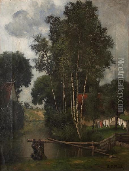 Cottages On The Banks Of A River Oil Painting - Eugene C. Frank