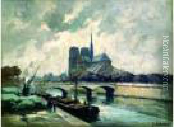 Notre Dame Vue Des Quais Oil Painting - Henri Alphonse Barnoin