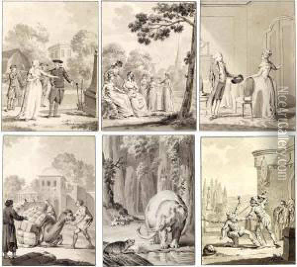 Six Designs For Book Illustrations: A) A Burial; B) Six Ladies In A Landscape; C) A Lady And Gentleman In An Interior; D) Traders Loading A Camel; E) Encounter Between An Elephant And A Beaver; F) A Duel Oil Painting - Jacobus Van Meurs