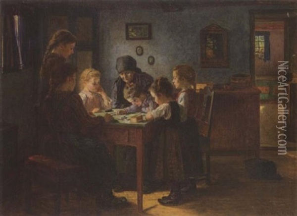 Eine Grosmutter Spielt Mit Ihren Enkelinnen In Der Stube Oil Painting - Walter Firle