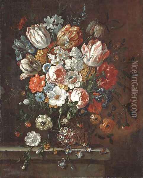 Roses, parrot tulips, an iris, narcissi and other flowers in a glass vase on a stone ledge Oil Painting - Pieter Casteels