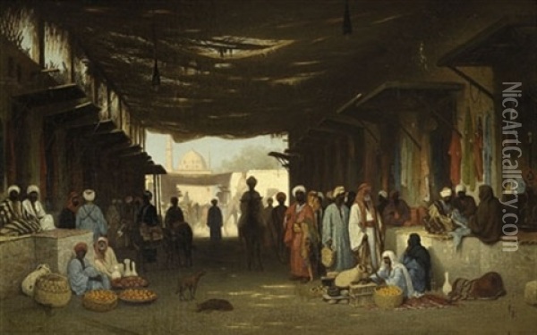 A North African Market Oil Painting - Charles Theodore (Frere Bey) Frere