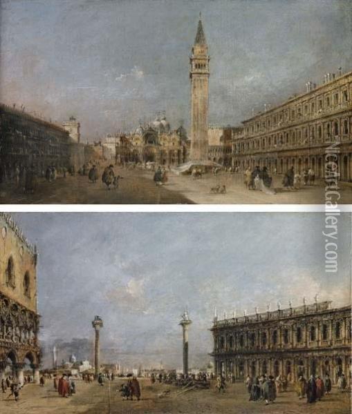 The Piazza San Marco, Venice, Looking East; And The Piazzetta, Venice, Looking South Oil Painting - Francesco Guardi