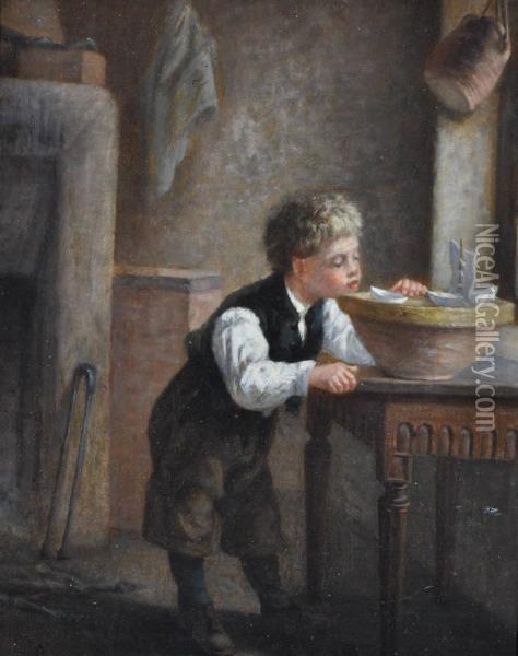 Boy Playing With Toy Boats In The Kitchen Oil Painting - Michel Arnoux