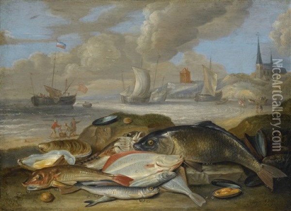 Still Life Of Fish In A Harbor Landscape, Possibly An Allegory Of The Element Of Water Oil Painting - Jan van Kessel the Elder