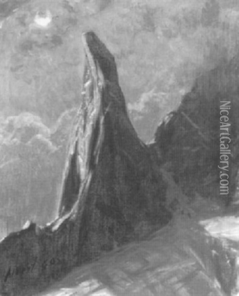 Felsspitze Im Walliser Hochgebirge Bei Vollmond Oil Painting - Albert Henri John Gos