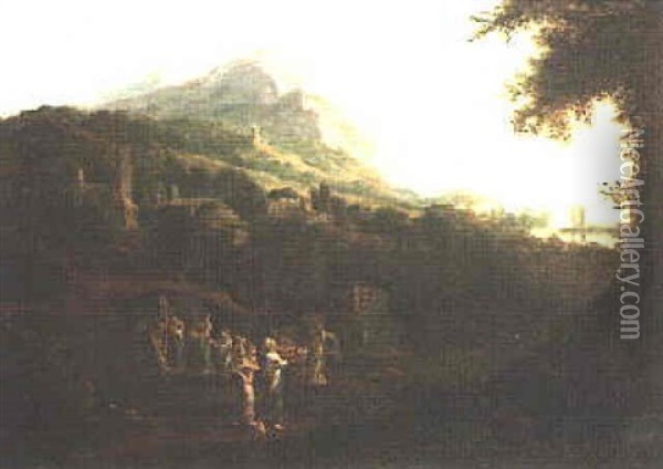 Clasical Landscape With Figures Bearing Offerings Oil Painting - Alexander Runciman