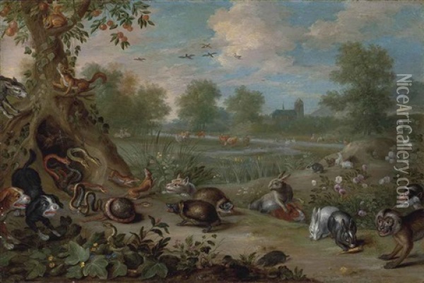 A Scene From Aesop's Fables: The Porcupine And The Snakes Oil Painting - Jan van Kessel the Elder