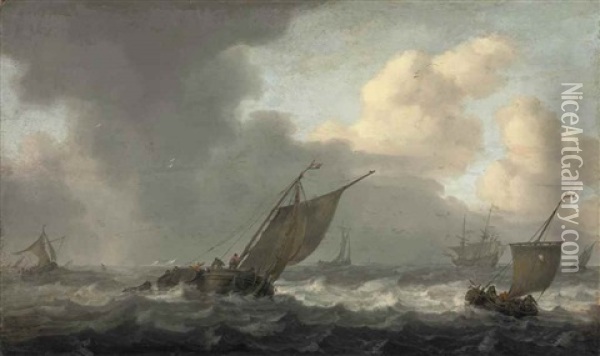 A Smalschip And Other Shipping In A Squall, A Warship Beyond Oil Painting - Arnoldus van Anthonissen
