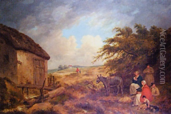 Extensive Country Landscape With Figures, Donkey And Cottage In The Foreground Oil Painting - Thomas Hand