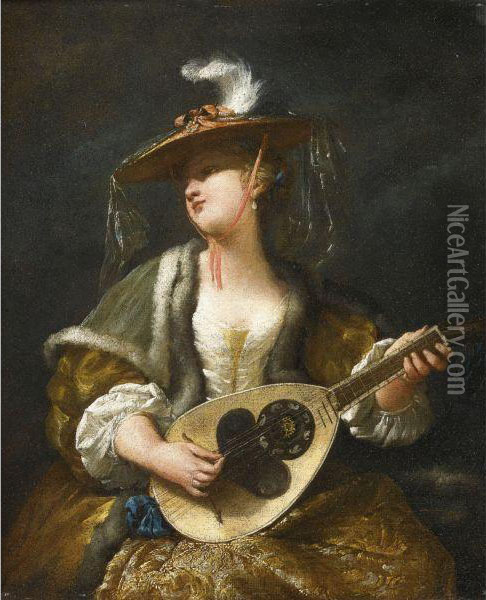 A Lady Playing A Mandolin Oil Painting - Jean Barbault