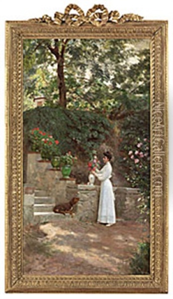 Woman In Her Garden Oil Painting - Jean Andre Rixens