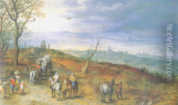 An Extensive Landscape With Villagers, Horsemen And Wagons On A Path Oil Painting - Jan Brueghel the Elder