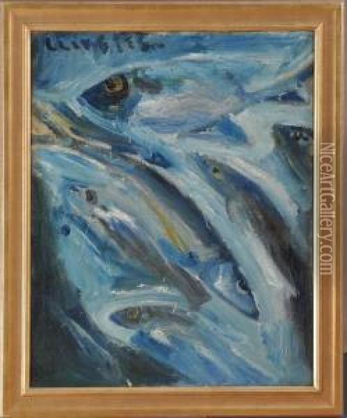 School Of Blue Fish #1 Oil Painting - Merton Clivette