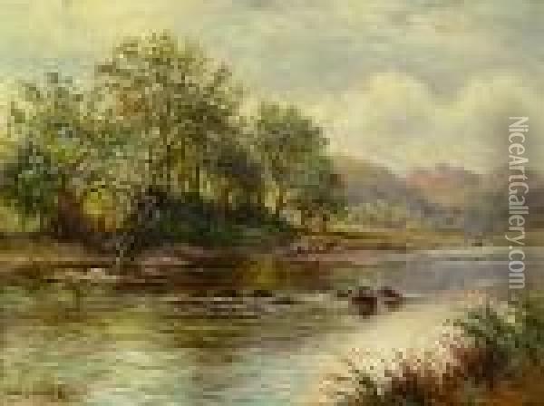 A River Landscape Oil Painting - Benjamin Williams Leader