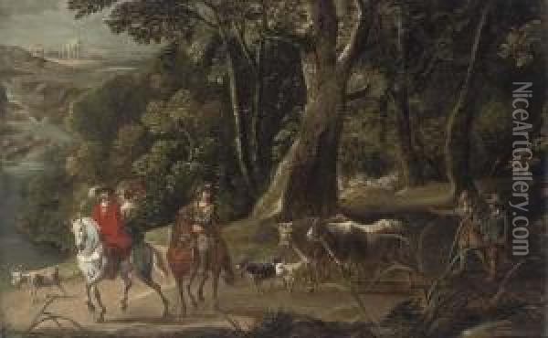 A River Landscape With Elegant Figures On Horseback, Drovers And Their Cattle Behind Oil Painting - Anton Mirou
