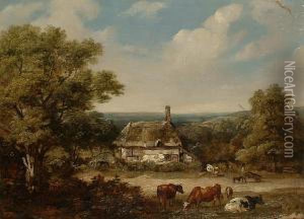 Cattle Grazing Before A Cottage Oil Painting - John Dearman Birchall