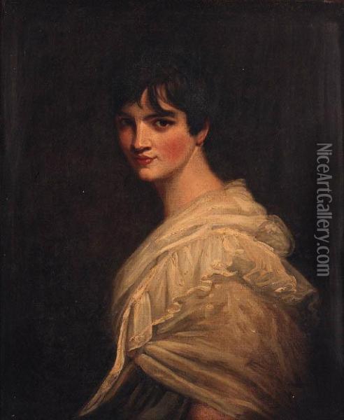 Portrait Of A Lady, Quarter-length, In A White Dress Oil Painting - John Hoppner