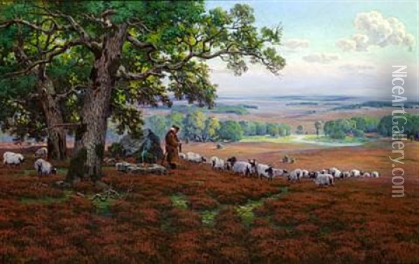Vast Landscape With A Shepherd Knitting Under Large Oaks Oil Painting - Arnold Lyongrun