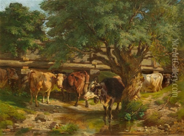 Cattle By A Stream Oil Painting - Anton Braith