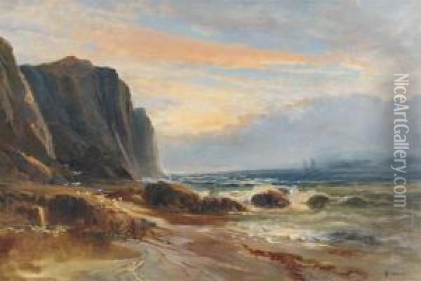 Coastal Scene With Distant Shipping Oil Painting - James W. Morris