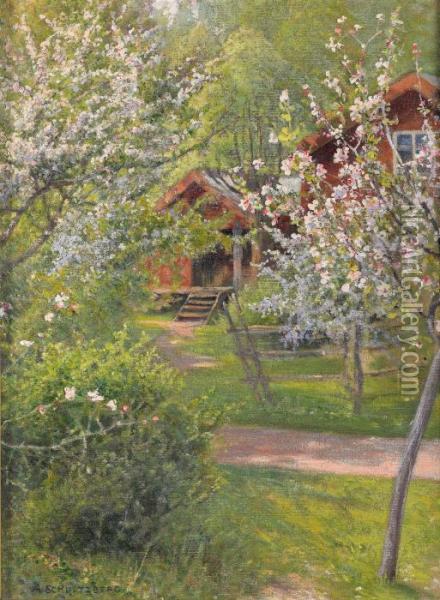 Sommarlandskap Med Blommande Frukttrad Oil Painting - Anshelm Schultzberg