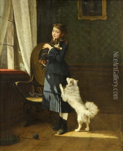 Portrait Of A Young Girl With A Cat And Dog Oil Painting - Hermann Plathner