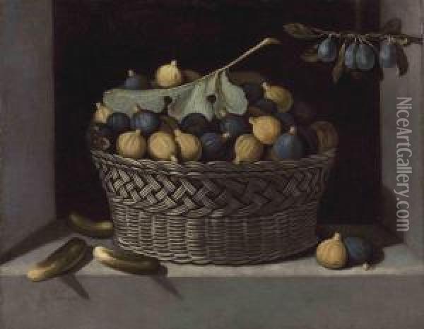 A Basket Filled With Black And White Figs Oil Painting - Juan Van Der Hamen Y Leon