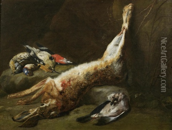A Dead Wryneck, Bluethroat, Hoopoe And Bullfinch With A Dead Hare Oil Painting - Pieter Boel