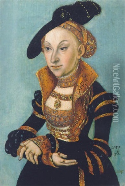 Portrait Of Sibylle Von Cleve, Electress Of Saxony, Wearing An Elaborate Black Dress And A Black Feathered Hat Oil Painting - Lucas Cranach the Elder