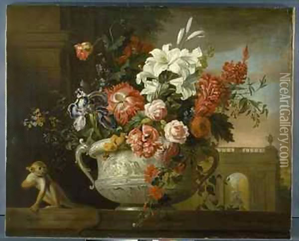 Still life with flowers in an urn, with a monkey, on a ledge Oil Painting - Giovanni Boggi