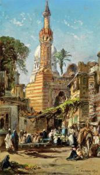 Foule Aux Abords D'une Mosquee Au Caire Oil Painting - Vincent Courdouan