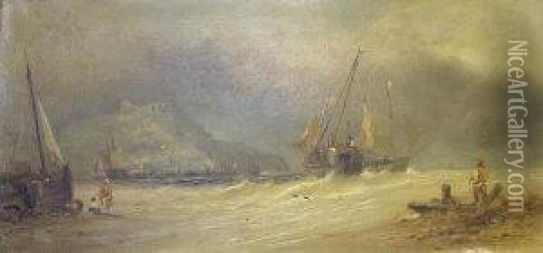 Shipping In Rough Seas With A Headland Beyond Oil Painting - William Richardson
