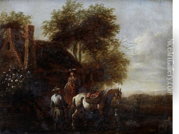 Figures On Horseback Before A Country Inn Oil Painting - Barend Gael