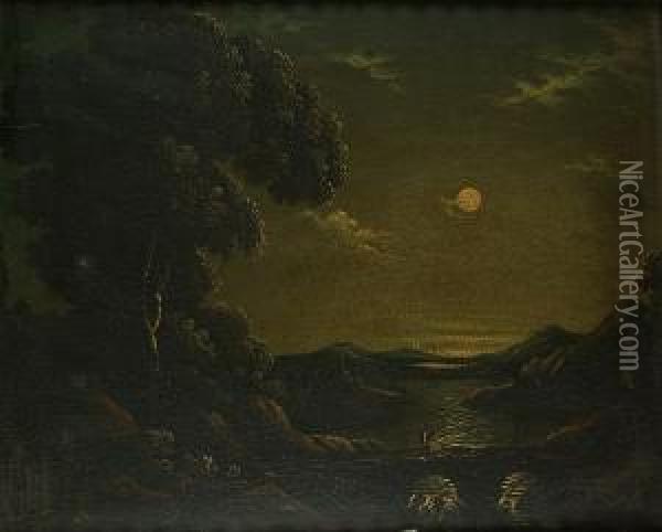 A Moonlit River Landscape With A Solitary Figure Crossing A Bridge In The Foreground Oil Painting - Abraham Pether