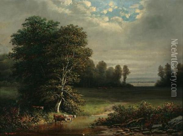 Landscape With Cows Watering Oil Painting - Henry Boese