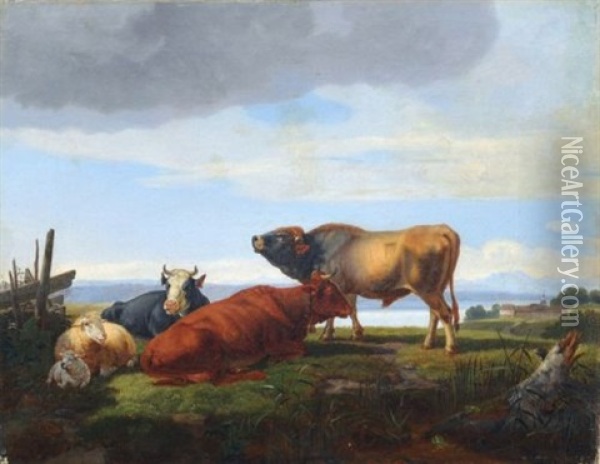 Viehstuck Mit Stier, Zwei Kuhen Und Schafen Oil Painting - Friedrich Karl Joseph Simmler