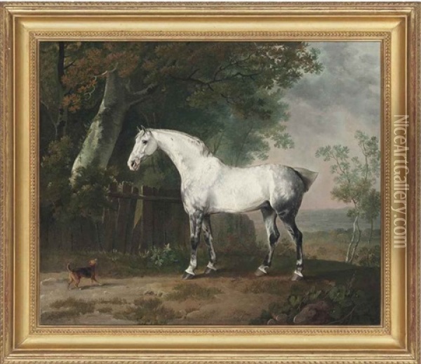 A Grey Horse And A Spaniel In A Landscape Oil Painting - Sawrey Gilpin